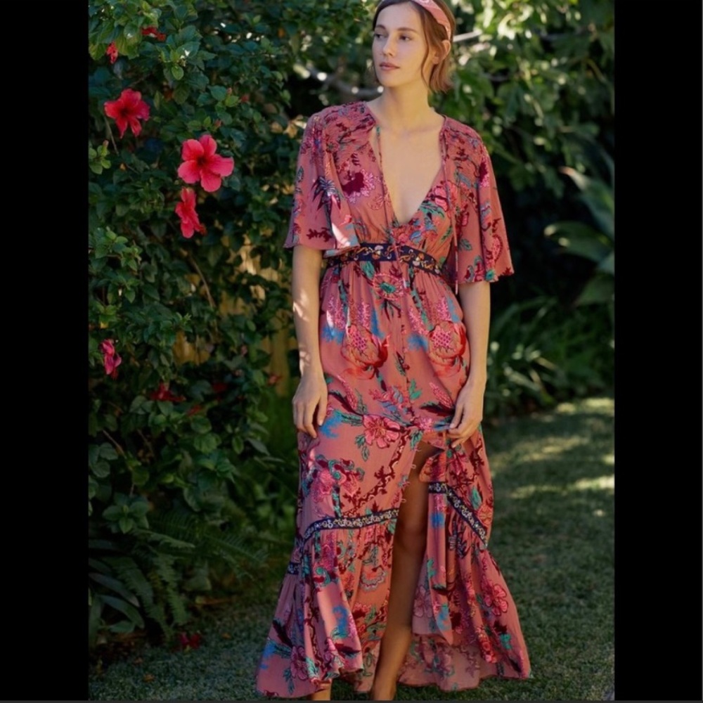 GORGEOUS ANTHROPOLOGIE FLORAL RUFFLED EMBROIDERED MAXI DRESS SIZE S